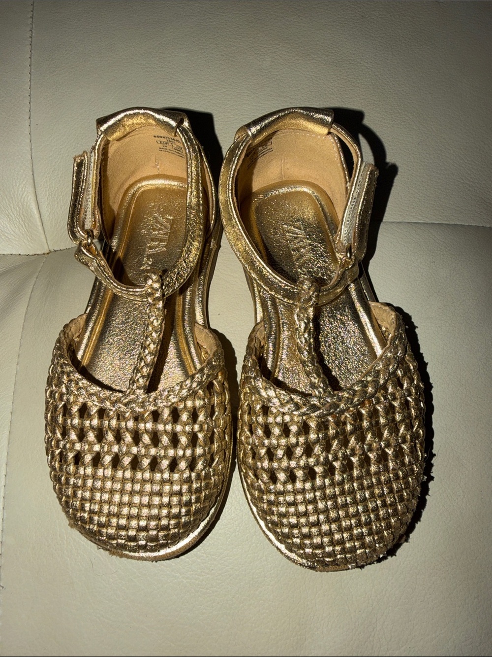 Zara Metallic Gold Woven T-Strap Girls' Sandals